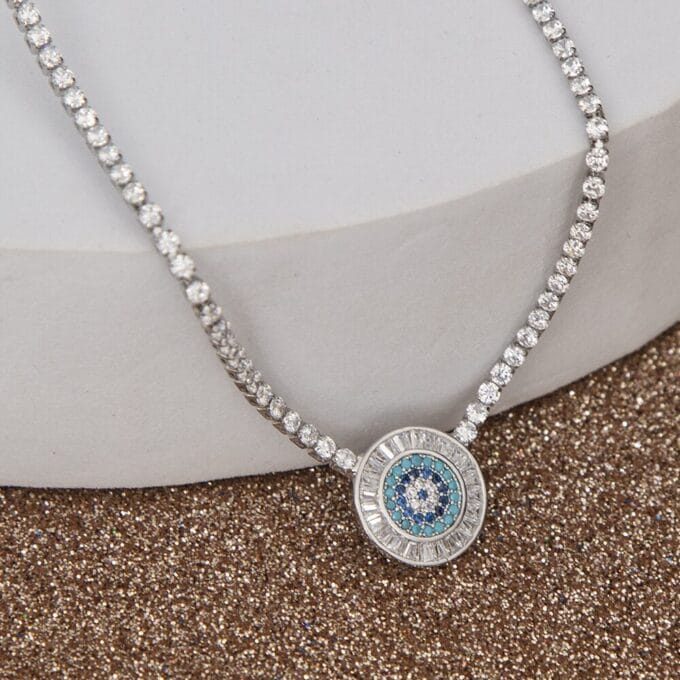 Evil Eye Baguette Eternity Silver Plated Adjustable Slider Necklace