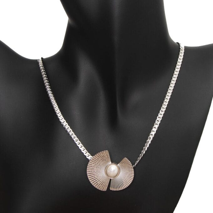 Rhodium Plated Pearl Pendant Fan Collar Necklace